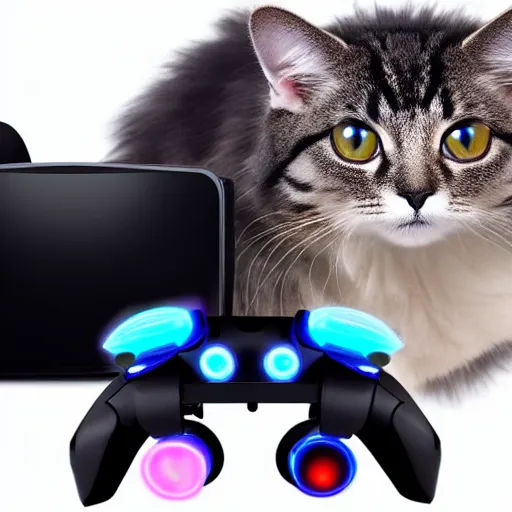 Image similar to beautiful fluffy cyborg cat wearing virtual reality headset on face, standing up holding game controllers in paws, detailed 4 k painting