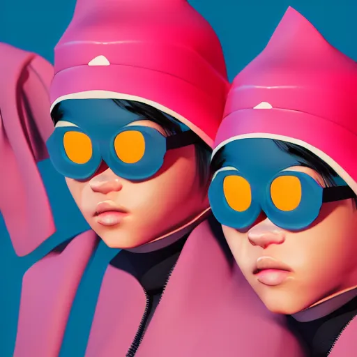 Prompt: bingo bango abstract headpiece on a set of twin ninja hypebeasts, by ilya kuvshinov and james jean and hiroya oku and gilleard james, artstation trending, 8 k, 3 d render, photorealistic, volumetric lighting caustics, pink