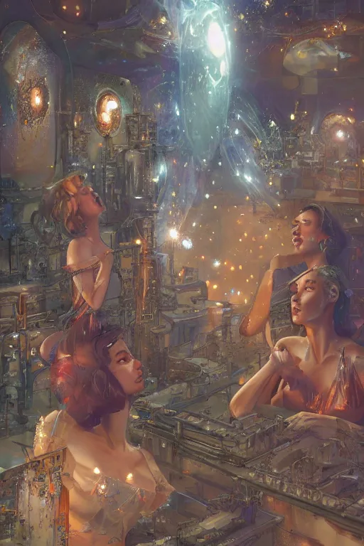 Image similar to sparkly machines listen symbolically in the tar house, by artgerm and Craig Mullins, James Jean, Andrey Ryabovichev, Mark Simonetti and Peter Morbacher 16k