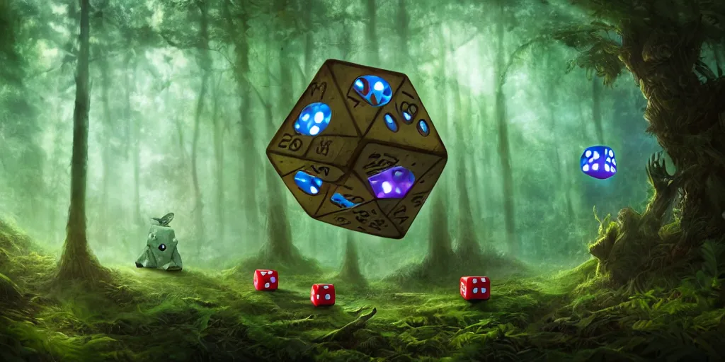 Prompt: anthropomorphic - cube - dice, lurking in the forest, cube - dice with little arms and legs, glowing energy, fantasy magic, by willian murai and jason chan and marco bucci, hyper detailed and realistic, illustration, sharp focus, cinematic, rule of thirds, forestpunk