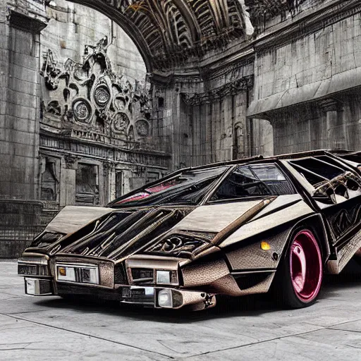 Prompt: biomechanical shiny steampunk lamborghini countach with (glowing) lights parked in ancient lush palace, gothic and baroque, brutalist architecture, ultradetailed, creepy ambiance, fog, artgerm, giger, Intricate by Ellen Jewett and Josan Gonzalez and Giuseppe Arcimboldo