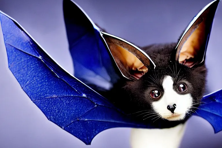 Image similar to a blue - and - black male heterochromatic catbat fursona with blue / green heterochromatic eyes ( differently - colored eyes, one green, one blue ) and huge bat ears, photo of the catbat streaming on his computer