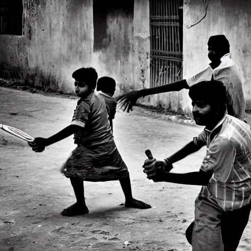 Image similar to four tamil friends playing a game of cricket, on an indian street, award winning image, national geographic, dslr image, black and white