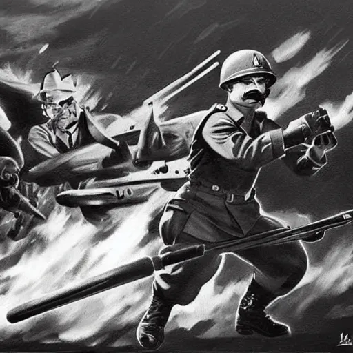 Image similar to pikachu fighting stalin in ww 2 uniform and a mustache, fighting in world war 2, photorealistic, high detail, realistic, sharp focus, smooth edges, soldiers in the background! black & white!, dramatic, sky on fire with dogfights in the sky. wide angle. painting by eugene de lacroix