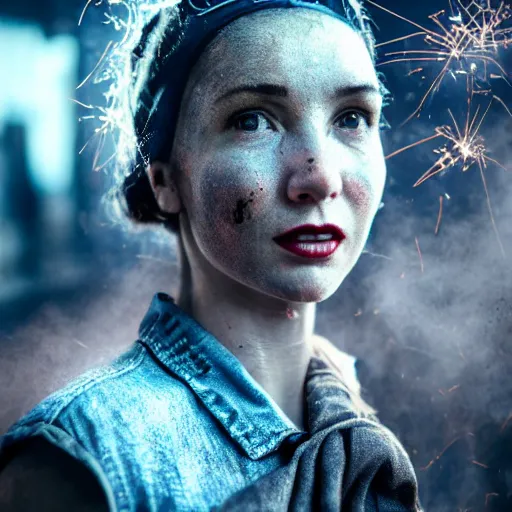 Image similar to a portrait of Rosie the riveter, industrial setting, dynamic pose, sweat and grime, close-up, intricate details, intricately detailed clothing, intricate textures, warm lighting, vivid colors, sparks flying, smoke and mist, realistic octane render, hyper realistic render, volumetric shading, depth of field, raytracing, 8k,