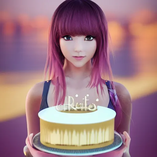 Image similar to Render of a beautiful 3d anime woman holding a birthday cake to show the camera, long light pink hair, full bangs, hazel eyes, cute freckles, full round face, smug smile, Chinese heritage, cute checkerboard sundress, golden hour, serene beach setting, medium shot, mid-shot, hyperdetailed, trending on Artstation, Unreal Engine 4k