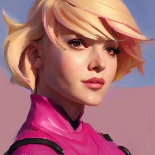 Prompt: greg manchess portrait painting of woman with blonde hair and bangs wearing a pink dress as overwatch character, medium shot, asymmetrical, profile picture, organic painting, sunny day, matte painting, bold shapes, hard edges, street art, trending on artstation, by huang guangjian and gil elvgren and sachin teng