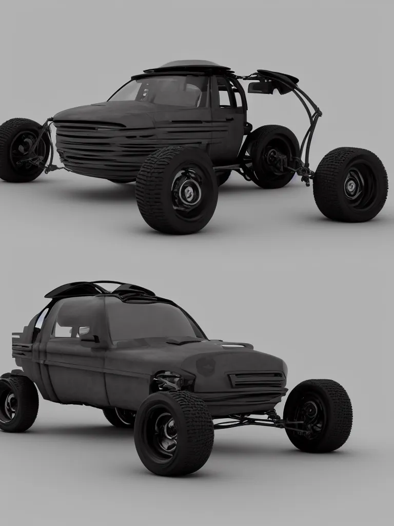 Prompt: i highly modified caricature v 4 d vehicle with oversized wheels, 3 d, trending on artstation, octane render, 8 k