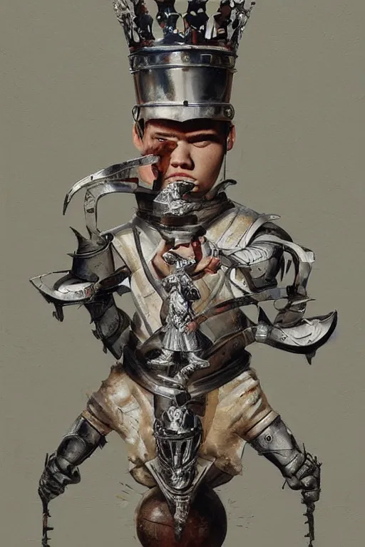 Prompt: a painting of magnus carlsen on a chess knight as king of chess, a surrealist painting by james jean, trending on cgsociety, pop surrealism, androgynous, grotesque, angular