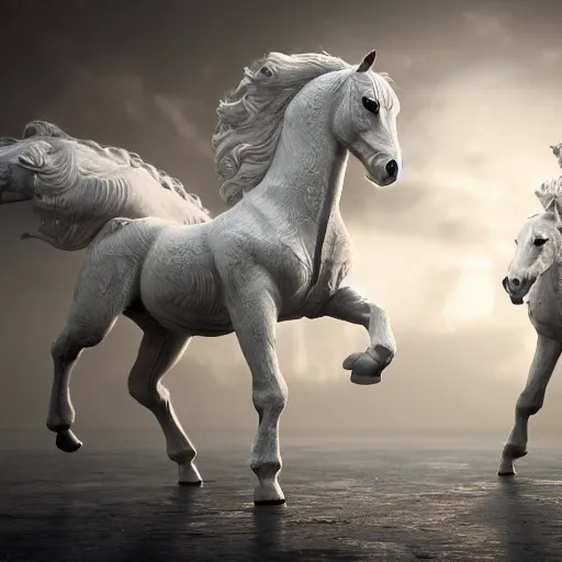 Prompt: anthropomorphic white horses practicing karate, inside dojo, fantasy, Intricate detailed, octane render, unreal engine