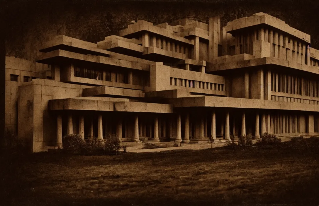 Image similar to symbolic intact flawless ambrotype from 4 k criterion collection remastered cinematography gory horror film, ominous lighting, evil theme wow photo realistic postprocessing prussian film wanders in disconsolate disarray grand in effect and erudite in detail building by frank lloyd wright