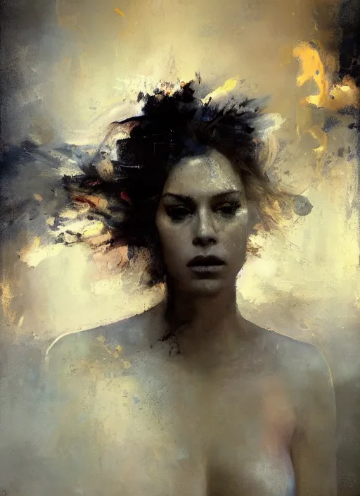 Image similar to portrait of goddess of love hovering, her body obscured by silver clouds, her eyes flaming with gold, her hair flowing and her face stern, by Jeremy Mann, stylized, detailed, loose brush strokes, warm tones, realizing, beautiful face