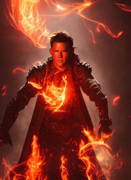 Prompt: A fantasy comic book style portrait painting of a Channing Tatum as a godlike Sorcerer casting a fire spell, unreal 5, DAZ, hyperrealistic, octane render, RPG portrait, ambient light, dynamic lighting