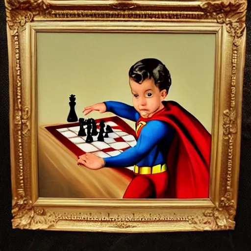 Image similar to superman baby playing chess looking wise, rococo oil painting, highly detailed