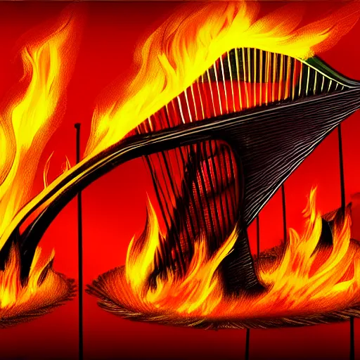 Image similar to in the lower part of the picture is the harp burning in the fire, above are cranes flying in flames, digital painting, concept art