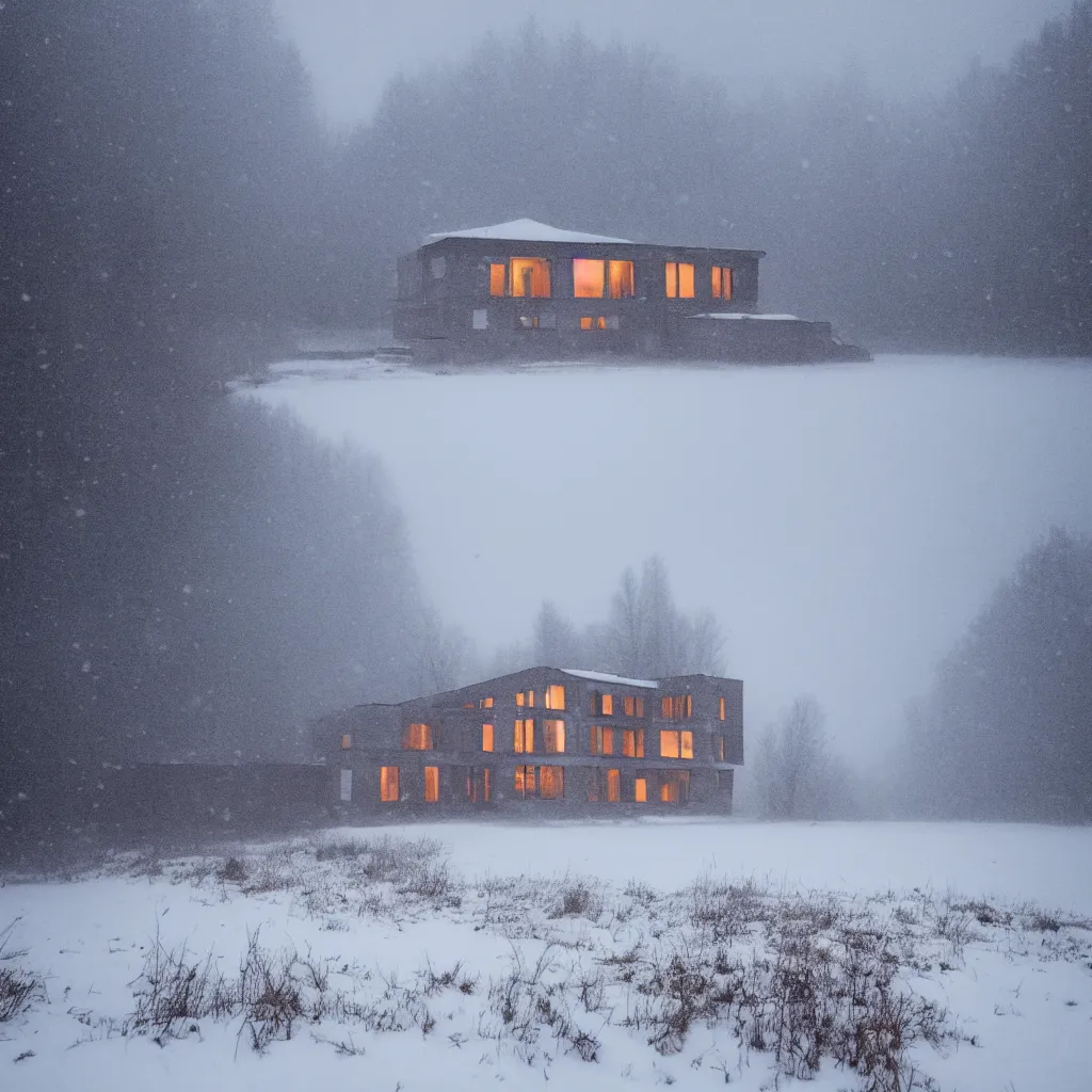 Image similar to landscape with brutalistic soviet architecture style house, near foggy forest and small pond, dark winter evening, snowing, strong, blizzard, atmospheric, mystical, very detailed 4 k, professional photography