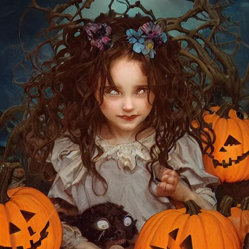 Image similar to a cute happy little girl with light brown wavy curly hair and blue eyes sitting amidst piles of skulls and pumpkins. beautiful cute highly detailed face. spooky halloween themed painting by artgerm and greg rutkowski and alphonse mucha.