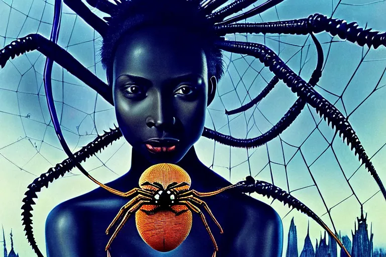 Image similar to realistic detailed photorealistic film portrait shot of a beautiful black woman with a giant spider, sci - fi city landscape background by denis villeneuve, amano, yves tanguy, alphonse mucha, ernst haeckel, max ernst, andrei tarkovsky, edward robert hughes, roger dean, necklace, dynamic pose, rich moody colours, wide angle, blue eyes