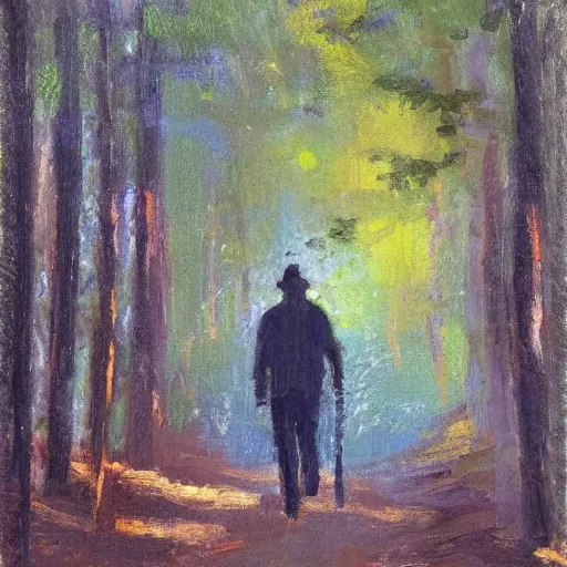 Image similar to A man walking on a path in the woods, he’s holding a flashlight, impressionist art