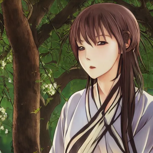 Image similar to anime style, female merchant, yukata clothing, sakura tree in background, brown short hair, hair down, symmetrical facial features, from arknights, hyper realistic, rule of thirds, extreme detail, 4 k drawing, safebooru, realistic lighting, by alphonse mucha, greg rutkowski, sharp focus, backlit