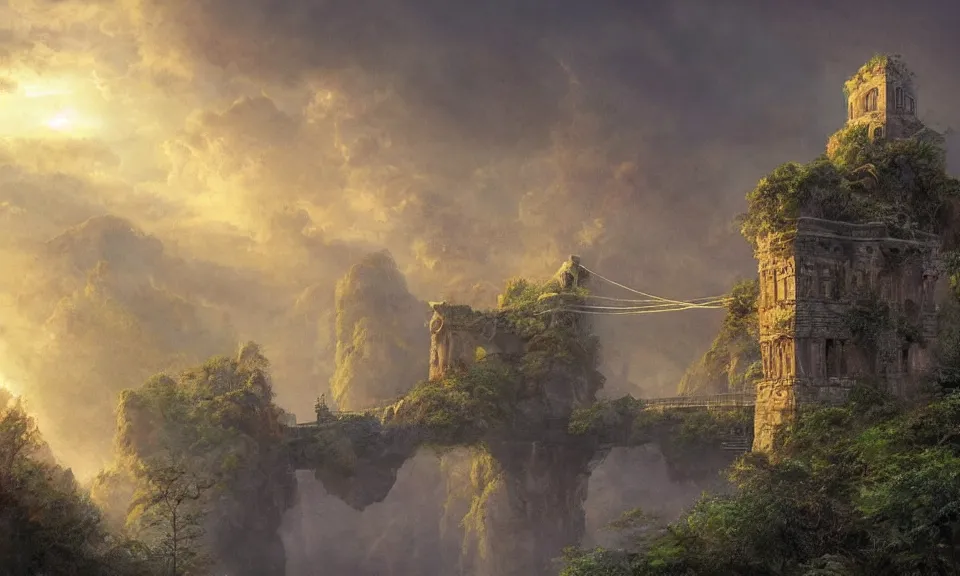 Image similar to a suspension bridge leading to a small flying island in the sky with the ruins of a tower, stunning digital illustration, by james gurney, cinematic lighting, intense colors, beautiful composition, detailed, mystical, beautiful and mysterious