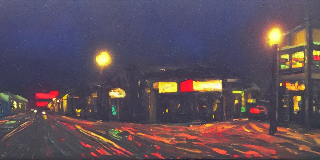 Image similar to IMPASTO!!! painterly, ((messy)), ominous! landscape of north bend, washington main street, dark, lonely!! stop light glowing, twin peaks, 'lone dark figure'!!