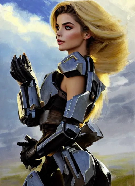 Prompt: portrait of a combination of Ashley Greene, Victoria Justice and Adriana Dxim, Grace Kelly and Lily Collins with blonde hair wearing Forerunner Armor from Halo, countryside, calm, fantasy character portrait, dynamic pose, above view, sunny day, thunder clouds in the sky, artwork by Jeremy Lipkin and Giuseppe Dangelico Pino and Michael Garmash and Rob Rey and Greg Manchess and Huang Guangjian, very coherent asymmetrical artwork, sharp edges, perfect face, simple form, 100mm