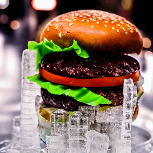 Image similar to a clear ice sculpture of a burger made entirely of ice, 4 k