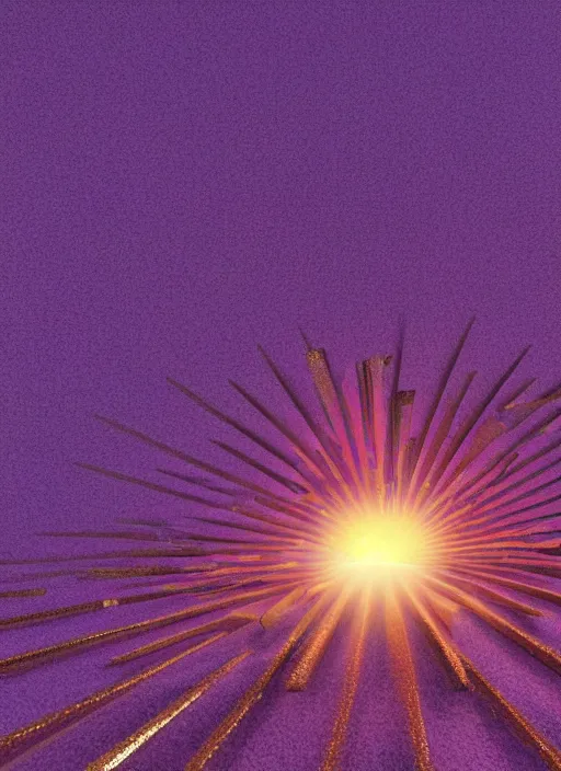 Prompt: rising sun burst gold rays dawn purple clouds sand gold salt crystals sharp detail 3d render simple background graphic ultra simplified fai khadra gaika style