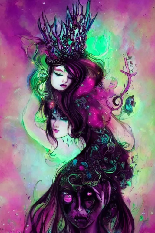 Image similar to vivid colors, bio-luminescent beautiful mysterious evil fairy queen, wearing a crown, in deep black darkness, shining eyes, face by Loish