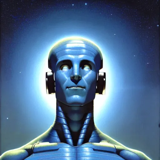 Prompt: cinematic portrait of a cosmic robot doctor manhattan, only head and chest, intricate, desaturated, Tim Hildebrandt, Wayne Barlowe, Bruce Pennington, donato giancola, larry elmore, maxfield parrish, Moebius, Thomas Ehretsmann, oil on canvas, gouache painting, masterpiece, trending on artstation, cinematic composition, dramatic pose, volumetric lighting, sharp, details, hyper-detailed, HD, 4K, 8K