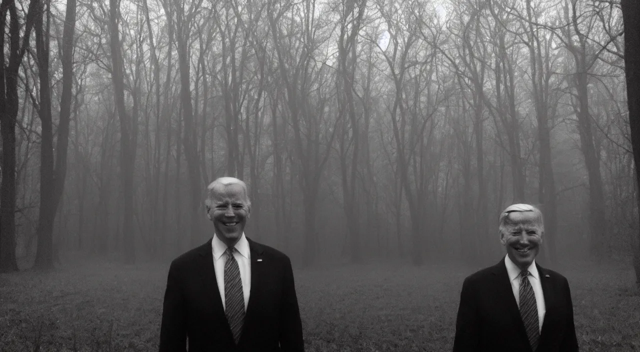 Image similar to low quality iphone photo taken in front of a house window of joe biden with standing ominously in the foggy woods with a demonic wide smile in his face, creepy