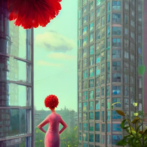 Image similar to closeup, huge flower as head, woman standing by tall modern windows, luxury apartment, surreal photography, sunlight, impressionist painting, digital painting, artstation, simon stalenhag