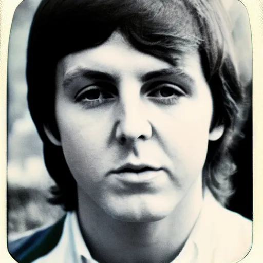 Image similar to Polaroid Portrait of a younger 1970s Paul McCartney, taken in the 1970s, photo taken on a 1970s polaroid camera, grainy, real life, hyperrealistic, ultra realistic, realistic, highly detailed, epic, HD quality, 8k resolution, body and headshot, film still, front facing, front view, headshot and bodyshot, detailed face, very detailed face, by Andy Warhol