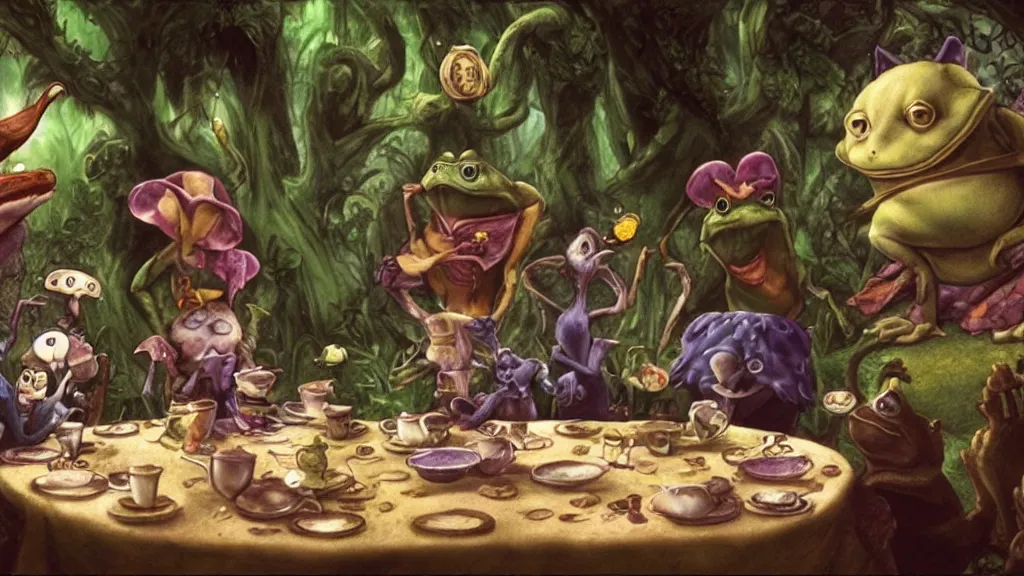 Prompt: A movie screenshot of frogs and toads (by Brian Froud) having tea with Alice in Wonderland, directed by Henry Selick and Tim Burton, cinematic, balanced composition, whimsical.