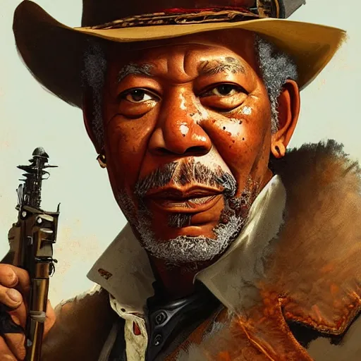 Prompt: Morgan Freeman as a steampunk cowboy in Red Dead Redemption 2, intricate, highly detailed, digital painting, artstation, concept art, sharp focus, illustration, art by greg rutkowski and alphonse mucha