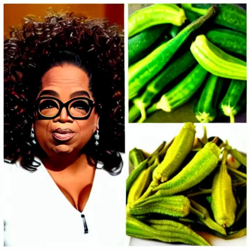 Prompt: a dish of oprah winfreys face fused with okra veg with green stalky ( ( green oprah winfrey's face ) ), oprah okra winfrey sentient veg