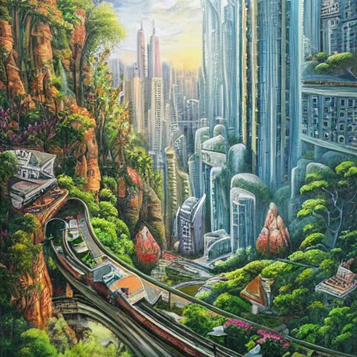 Prompt: Unbelievable city of the future in harmony with nature. Beautiful detailed painting by Lurid. (2022)