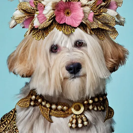 Image similar to cream - colored havanese dog wearing an ornate african necklace, a large headpiece made from flowers, soft light colored background, intriguing pose, magazine fashion photo by mark seliger