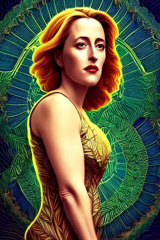 Image similar to young gillian anderson portrait, art deco, fantasy, intricate art deco leaf designs, elegant, highly detailed fractals, sharp focus, art by artgerm and beeple and greg rutkowski and wlop