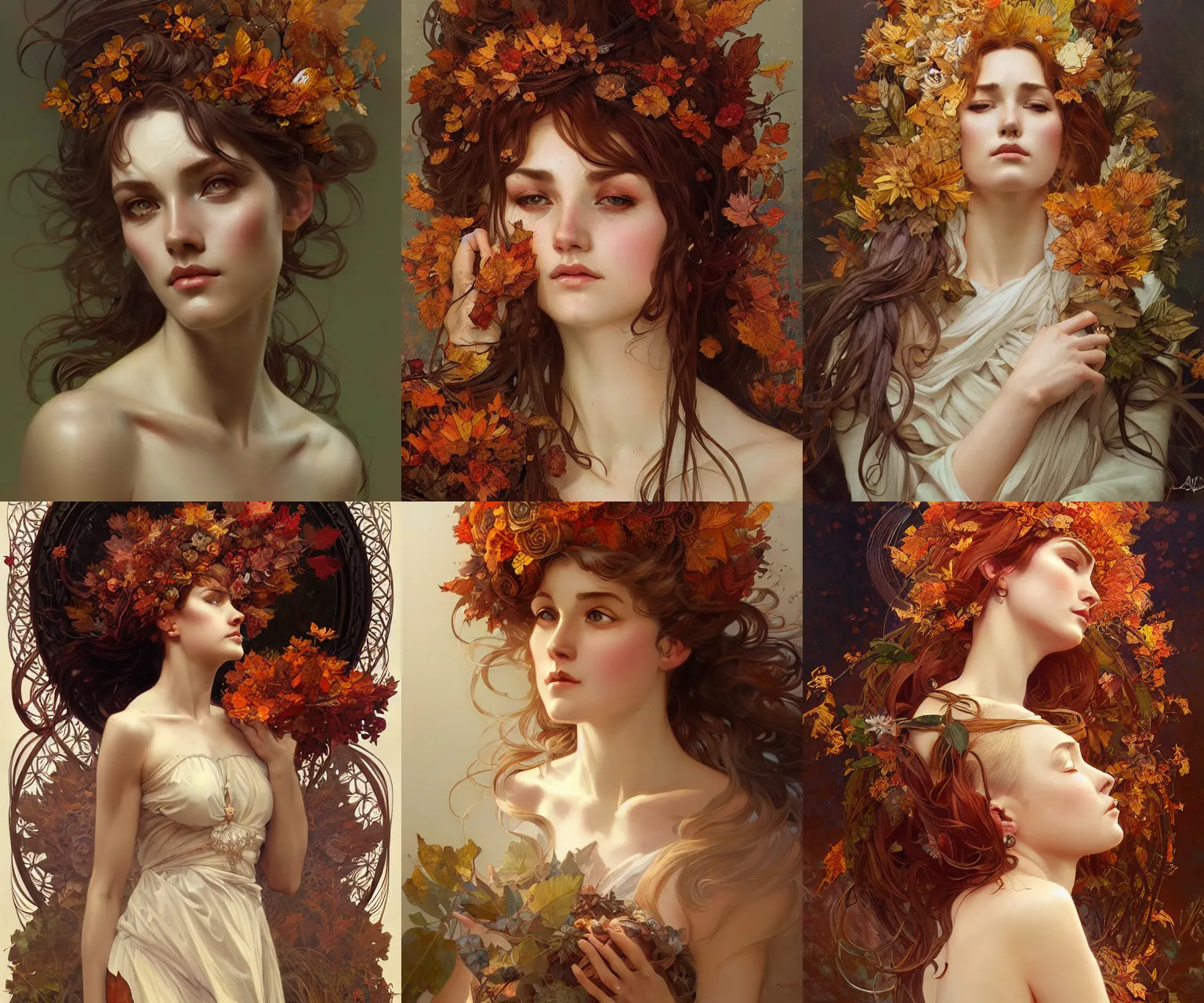 Image similar to A full portrait of the goddess of autumn, intricate, elegant, highly detailed, digital painting, artstation, concept art, smooth, sharp focus, illustration, art by Krenz Cushart and Artem Demura and alphonse mucha