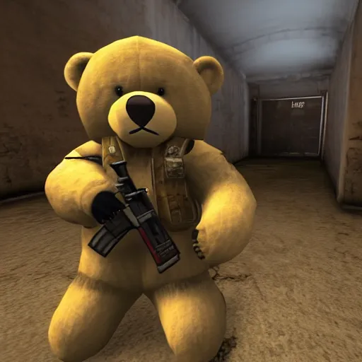 Image similar to a screenshot of a teddy bear inside a counter strike game, the teddy bear is holding a gun, super resolution, 8k