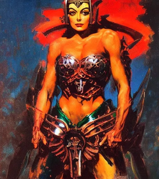 Image similar to portrait of strong iranian female chaos angel, beautiful! coherent! by frank frazetta, by brom, strong line, vivid neon color, spiked scrap metal armor, iron helm maximalist