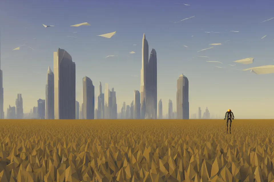 Prompt: sci-fi painting of many skyscraper in distant mirage, on the vast wheat fields, only one humanoid robot on the ground, lowpoly style, godrays, detailed