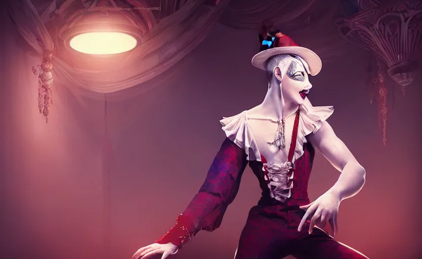 Prompt: award winning digital art of a attractive male pierrot, performing at a magnificent circus, beautiful circus themed background, trending artstation, digital art, aesthetic, bloom, intricate, elegant, sharp focus, digital illustration, highly detailed, octane render, digital painting, concept art, witchlight carnival, masterpiece