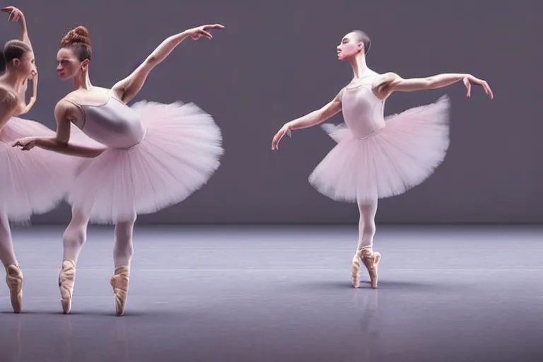 Image similar to still photo of ballet dancers dancing, wearing silk cloth in whole body, highly detailed, photorealistic portrait, bright studio setting, studio lighting, crisp quality and light reflections, unreal engine 5 quality render