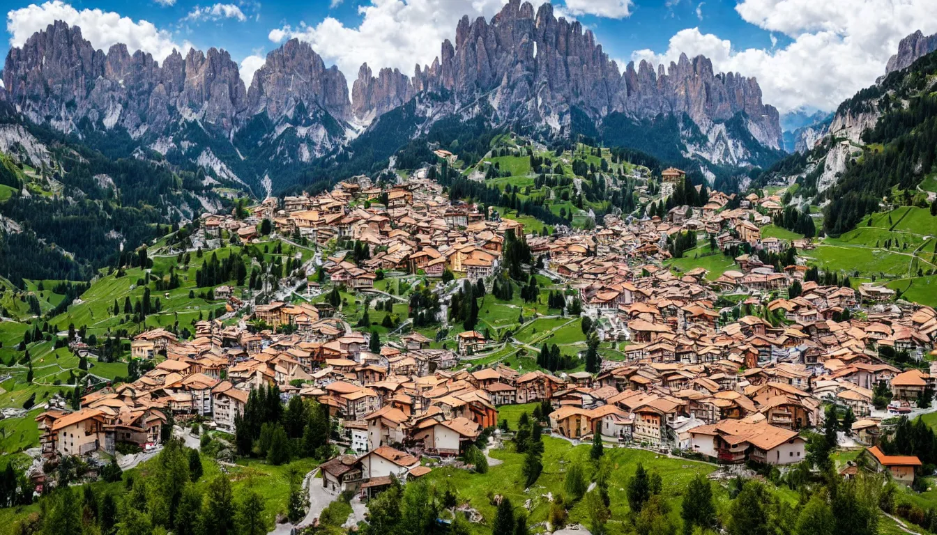 Image similar to an italian town in the dolomites mountains