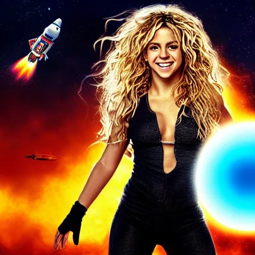 Image similar to of a dynamic movie poster of shakira as a hero sci fi space cosmonaut holding a raygun in a nice action pose, there is an explosion on the background of a space station blowing britney's hair and lighting her with a rim light, she is laughing, f 2. 8, advertising studio lighting,