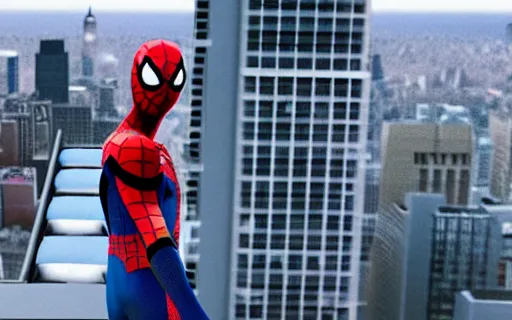 Image similar to spider - man on top of a building in new york watching the sunset, unreal engine 5, render, cg society