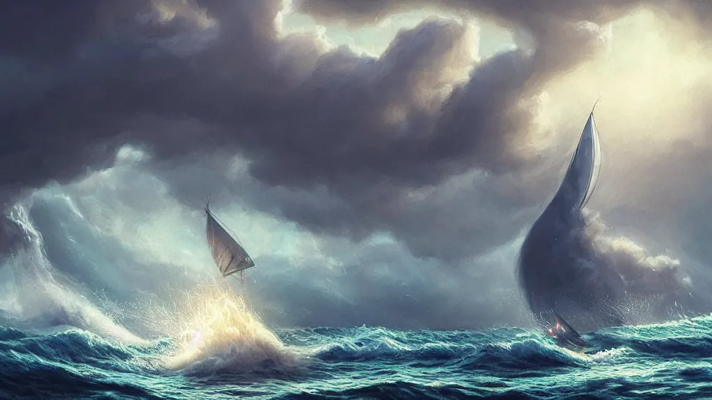 Image similar to a gigantic cat bursting out of a stormy sea attacking a small sail boat, wet fur, giant waves, sunbeams in background, intricate, detailed, volumetric lighting, sharp focus, scenery, photorealism, digital painting, highly detailed, concept art, by roger dean and simon stalenhag and mark brooks